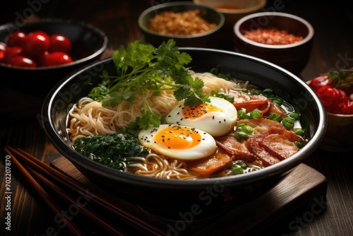 Asian ramen soup with meat, homemade noodles, mushrooms and pickled egg. Photo for the restaurant menu photo