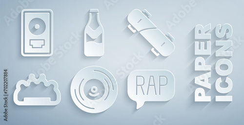 Set Vinyl disk, Skateboard, Brass knuckles, Rap music, Beer bottle and CD award frame icon. Vector