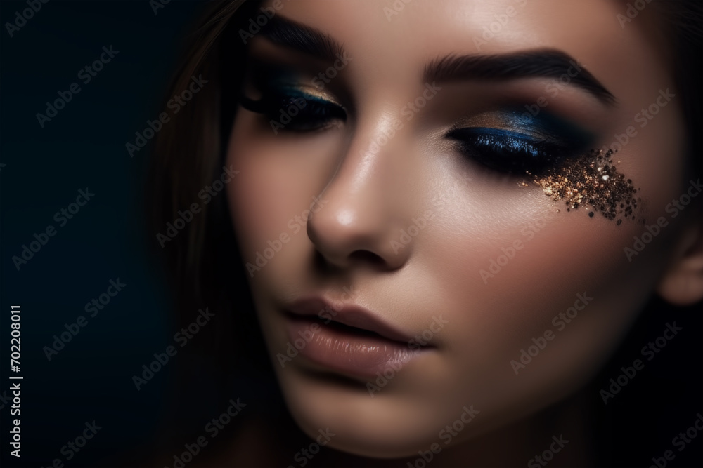 Close-up portrait of a beautiful girl with bright make-up and sparkles. Professional Creative Eye Makeup, close-up. Beauty, Fashion, Make Up Concept Close-up portrait of a beautiful girl with bright make-up and sparkles. Professional Creative Eye Makeup, close-up. Beauty, Fashion, Make Up Concept