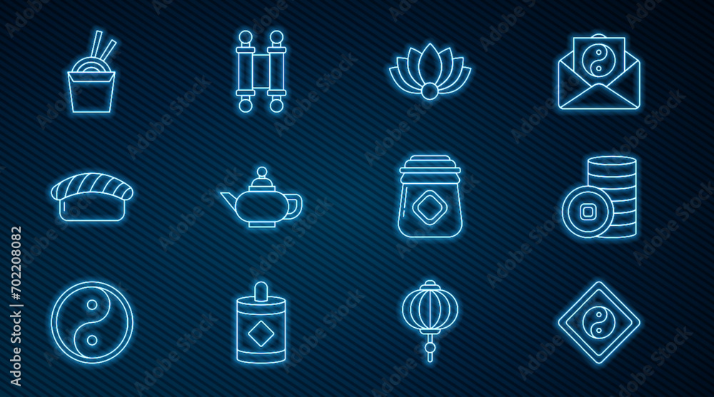 Set line Yin Yang, Chinese Yuan currency, Lotus flower, tea ceremony, Sushi, Asian noodles paper box and chopsticks, Jar of honey and Decree, paper, parchment, scroll icon. Vector Set line Yin Yang, Chinese Yuan currency, Lotus flower, tea ceremony, Sushi, Asian noodles paper box and chopsticks, Jar of honey and Decree, paper, parchment, scroll icon. Vector