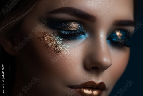Closeup portrait of young beautiful woman with blue eyeshadow and glitter. Perfect make-up. Beauty, Fashion, MakeUp Concept
