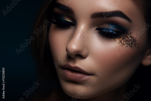 Close-up portrait of a beautiful girl with bright make-up and sparkles. Professional Creative Eye Makeup, close-up. Beauty, Fashion, Make Up Concept