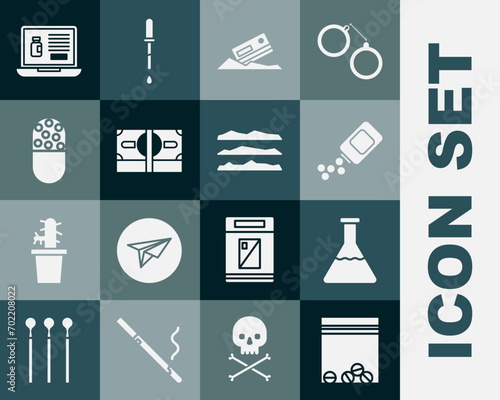 Set Plastic bag of drug, Test tube and flask, Medicine bottle pills, Cocaine credit card, Stacks paper money cash, or tablet, Buying drugs online laptop and heroin icon. Vector