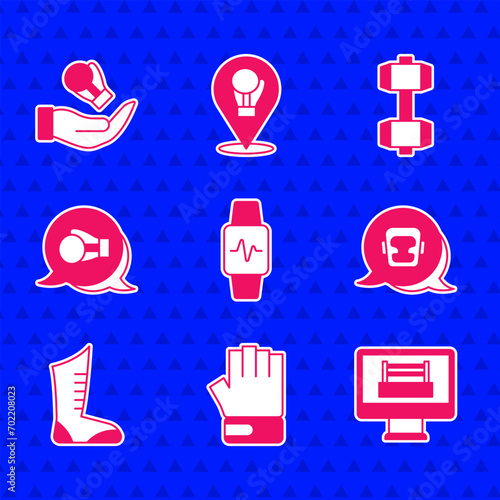 Set Smart watch with heart, MMA glove, Boxing ring, helmet, Sport boxing shoes, Dumbbell and  icon. Vector