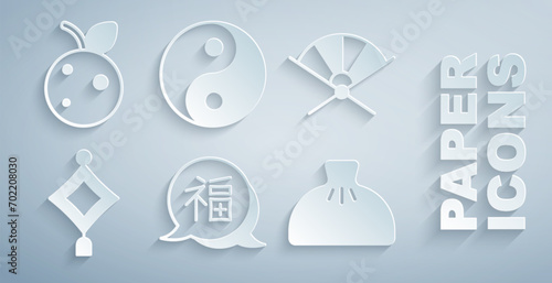 Set Chinese New Year, Traditional paper fan, lantern, Dumpling, Yin Yang symbol and Peach fruit or nectarine icon. Vector