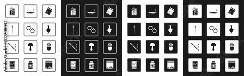 Set Plastic bag of drug, Handcuffs, Pipette, Open cigarettes pack box, Glass bong for smoking marijuana, Cigar with smoke, Medicine pill tablet and Cigarette icon. Vector