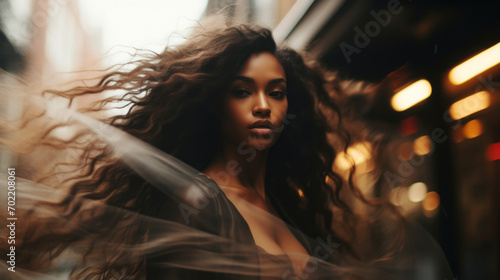 A striking woman with voluminous hair surrounded by translucent fabric, captured in a dreamlike state. © tashechka