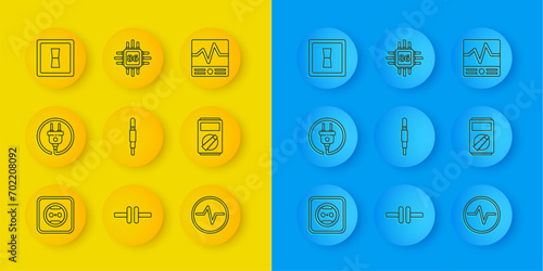 Set line Electrical outlet, plug, Audio jack, circuit scheme, Multimeter, light switch, measuring instruments and Processor with microcircuits CPU icon. Vector