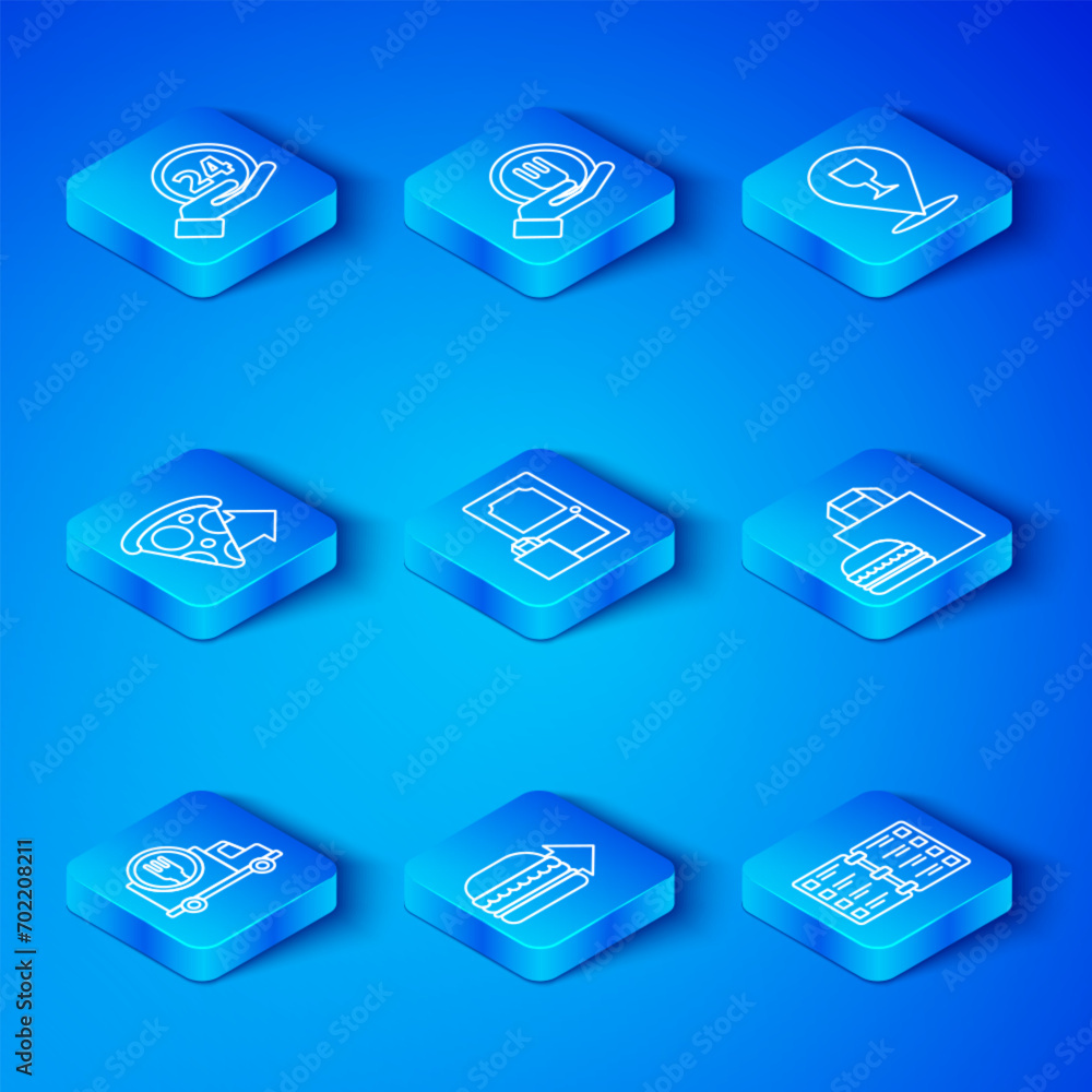 Set line Fast delivery by car, Online ordering and, burger, Alcohol beer bar location, pizza, Clock 24 hours and Restaurant cafe menu icon. Vector Set line Fast delivery by car, Online ordering and, burger, Alcohol beer bar location, pizza, Clock 24 hours and Restaurant cafe menu icon. Vector