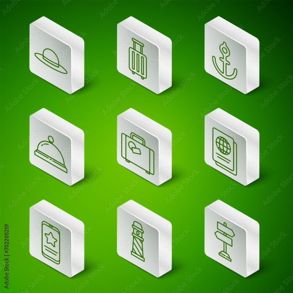 Set line Road traffic sign, Lighthouse, Elegant women hat, Suitcase, Hotel service bell, Mobile with review rating and Passport icon. Vector Set line Road traffic sign, Lighthouse, Elegant women hat, Suitcase, Hotel service bell, Mobile with review rating and Passport icon. Vector