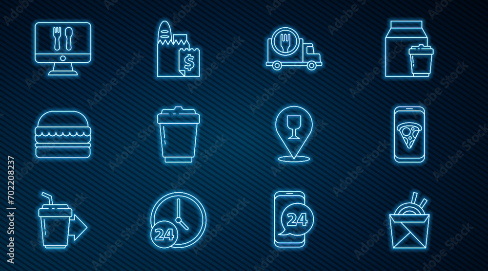 Set line Asian noodles and chopsticks, Food ordering pizza, Fast delivery by car, Coffee cup to go, Burger, Online, Alcohol beer bar location and icon. Vector Set line Asian noodles and chopsticks, Food ordering pizza, Fast delivery by car, Coffee cup to go, Burger, Online, Alcohol beer bar location and icon. Vector