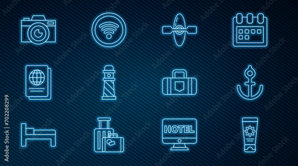 Set line Sunscreen cream in tube, Anchor, Kayak canoe, Lighthouse, Passport, Photo camera, Suitcase and Wi-Fi wireless internet network icon. Vector Set line Sunscreen cream in tube, Anchor, Kayak canoe, Lighthouse, Passport, Photo camera, Suitcase and Wi-Fi wireless internet network icon. Vector