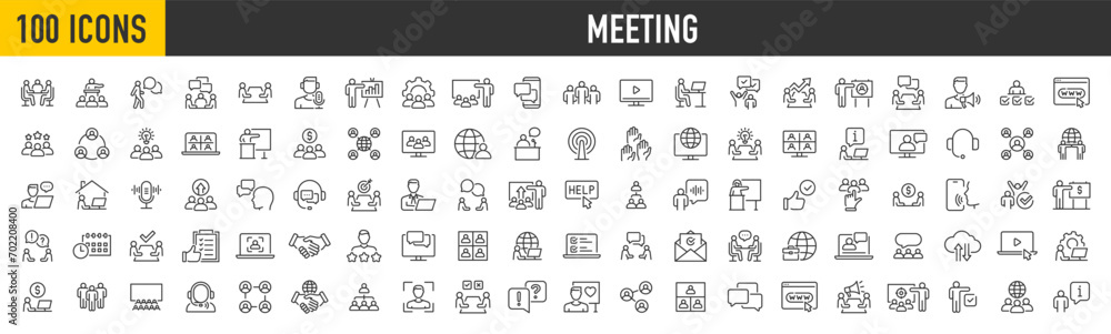 Set of 100 Meeting web icon set in line style. Conference, team, brainstorm, seminar, interview, collection. Vector illustration. - obrazy, fototapety, plakaty 
