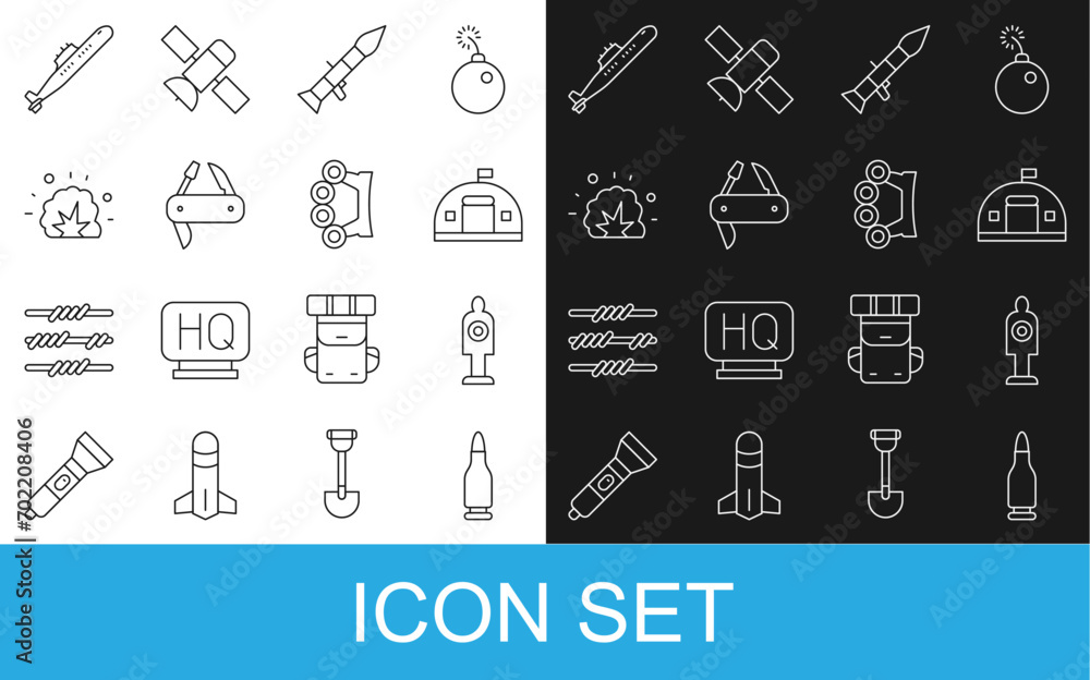 Set line Bullet, Human target sport for shooting, Military barracks, Rocket launcher, Swiss army knife, Bomb explosion, Submarine and Brass knuckles icon. Vector