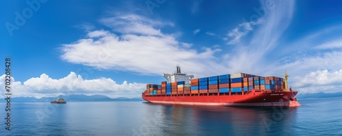 Stern of large cargo ship import export container box on the ocean sea on blue sky back ground