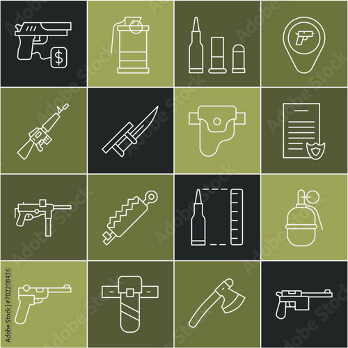 Set line Mauser gun, Hand grenade, Firearms license certificate, Bullet, Bayonet on rifle, M16A1, Buying pistol and Gun holster icon. Vector