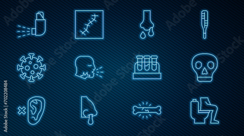 Set line Constipation, Skull, Runny nose, Man coughing, Virus, Inhaler, Test tube with blood and Scar suture icon. Vector