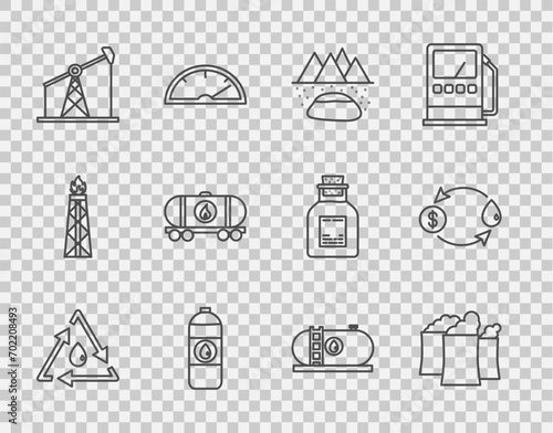 Set line Oil drop with recycle, industrial factory building, Oilfield, Canister for motor machine oil, pump pump jack, railway cistern,  and exchange icon. Vector