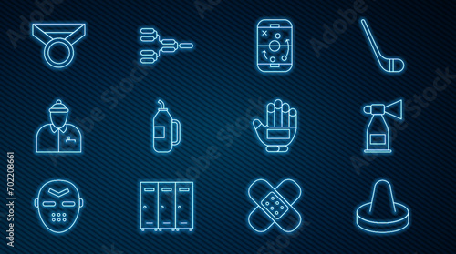 Set line Mallet for playing air hockey, Air horn, Planning strategy, Fitness shaker, Hockey coach, Medal, glove and Championship tournament bracket icon. Vector