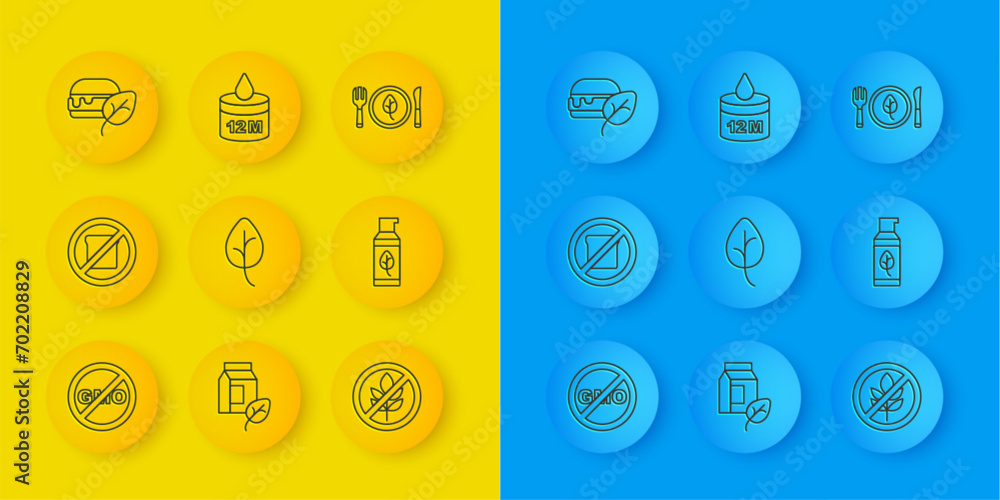 Set line No GMO, Gluten free grain, Leaf or leaves, Organic cosmetic, Vegan food diet, and icon. Vector Set line No GMO, Gluten free grain, Leaf or leaves, Organic cosmetic, Vegan food diet, and icon. Vector