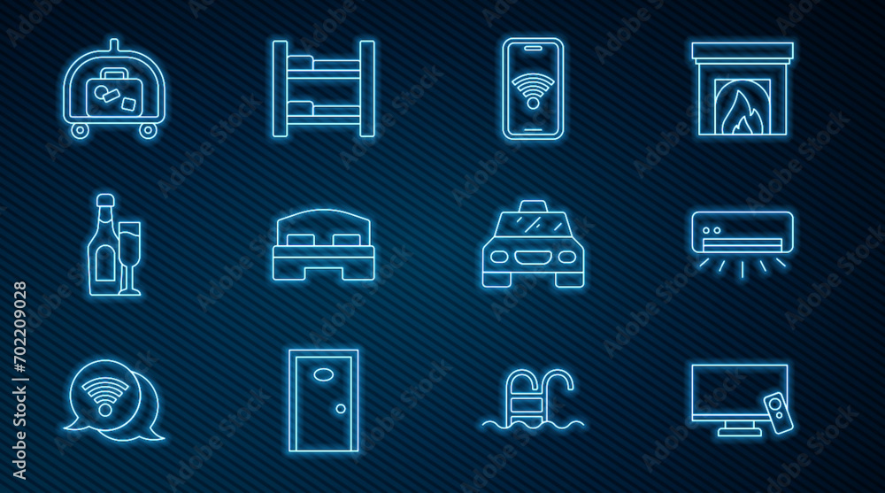 Set line Smart Tv, Air conditioner, Mobile with wi-fi wireless, Hotel room bed, Champagne bottle glass, luggage cart, Taxi and icon. Vector Set line Smart Tv, Air conditioner, Mobile with wi-fi wireless, Hotel room bed, Champagne bottle glass, luggage cart, Taxi and icon. Vector