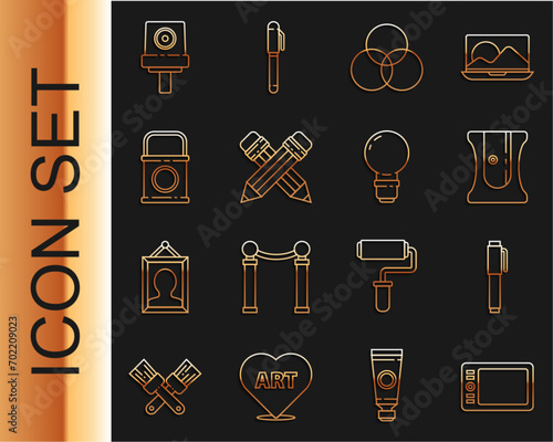 Set line Graphic tablet, Pen, Pencil sharpener, RGB and CMYK color mixing, Crossed pencil with eraser, Paint bucket, Spray can nozzle cap and Light bulb icon. Vector