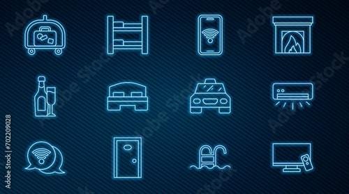 Set line Smart Tv, Air conditioner, Mobile with wi-fi wireless, Hotel room bed, Champagne bottle glass, luggage cart, Taxi and  icon. Vector