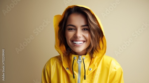 woman with a wry smile, clad in a yellow raincoat, demonstrates resilience as she faces and overcomes life's small  photo