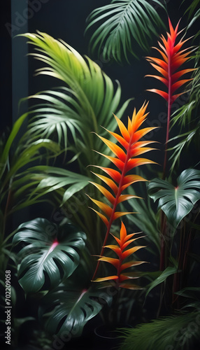 Many brightly colored tropical plants are on a black wall © Antonio Giordano