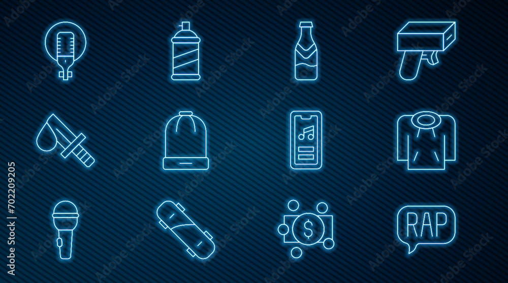Set line Rap music, Hoodie, Beer bottle, Winter hat, Bloody knife, Microphone, Music player and Paint spray can icon. Vector Set line Rap music, Hoodie, Beer bottle, Winter hat, Bloody knife, Microphone, Music player and Paint spray can icon. Vector