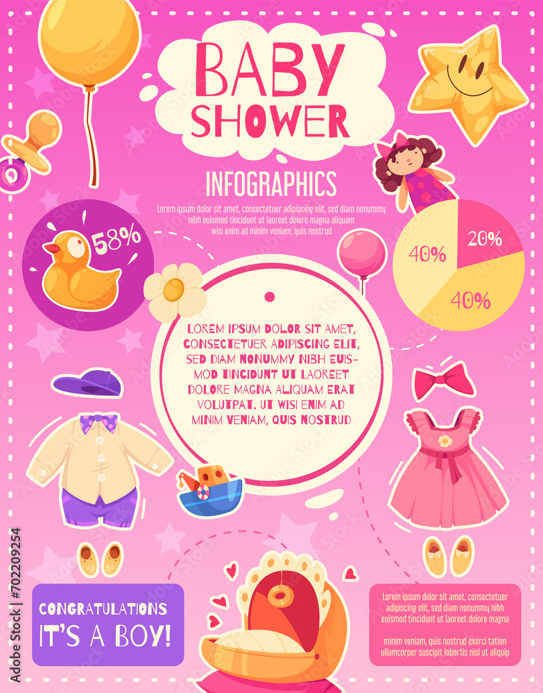 Cartoon baby shower infographic template with baby toys and charts Cartoon baby shower infographic template with baby toys and charts