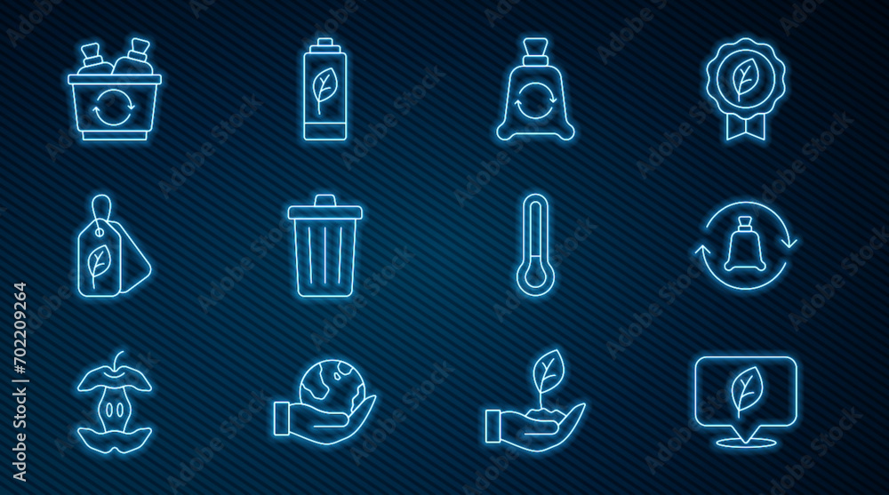 Set line Location with leaf, Garbage bag recycle, Trash can, Tag, Recycle bin, Thermometer and Eco nature battery icon. Vector Set line Location with leaf, Garbage bag recycle, Trash can, Tag, Recycle bin, Thermometer and Eco nature battery icon. Vector
