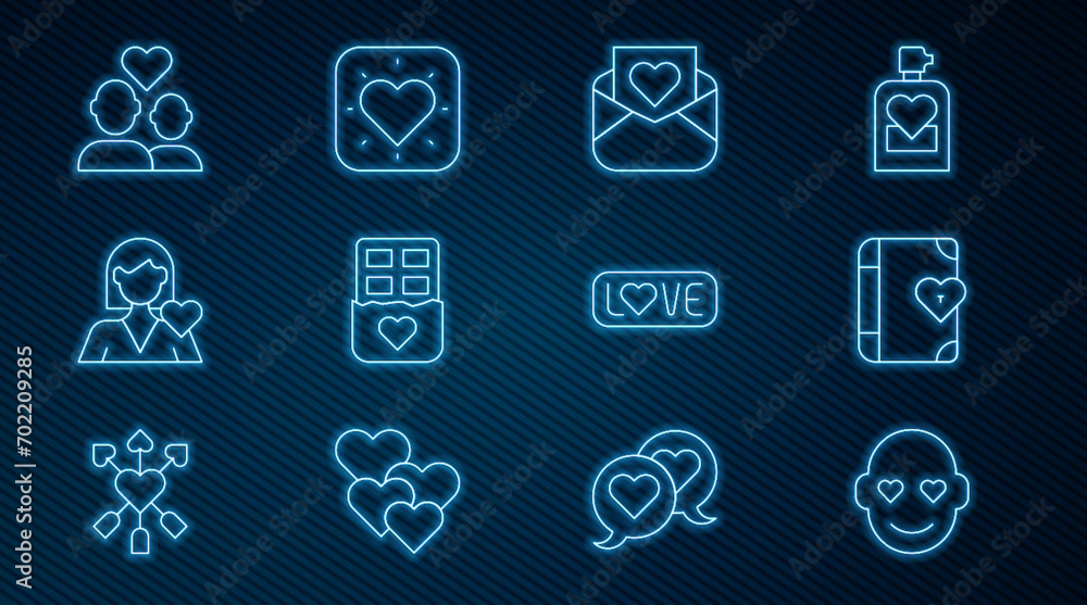 Set line Romantic man, Love diary, Envelope with Valentine heart, Chocolate bar, girl, Lover couple, text and Heart icon. Vector Set line Romantic man, Love diary, Envelope with Valentine heart, Chocolate bar, girl, Lover couple, text and Heart icon. Vector