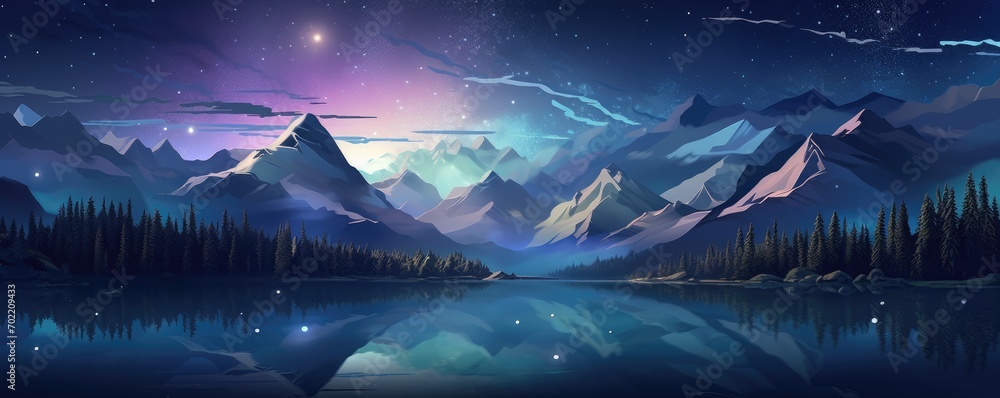 Magical nature landscape during summer night high in mountains, panorama. Generative Ai.