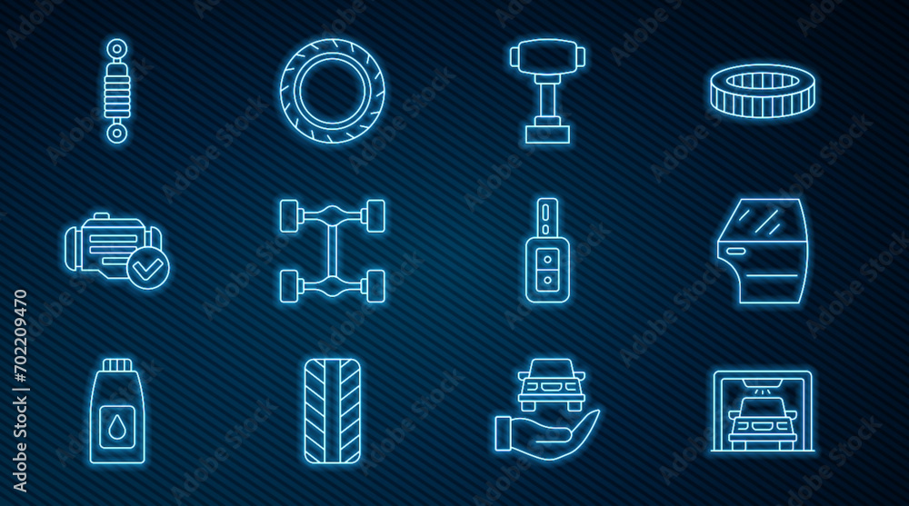 Set line Car wash, door, Gear shifter, Chassis car, Check engine, Shock absorber, key with remote and tire wheel icon. Vector Set line Car wash, door, Gear shifter, Chassis car, Check engine, Shock absorber, key with remote and tire wheel icon. Vector