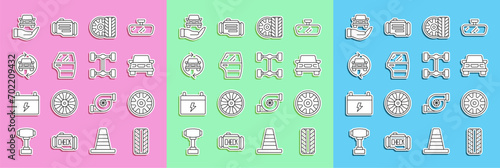 Set line Car tire wheel, Alloy for car, door, service, Auto check automotive and Chassis icon. Vector