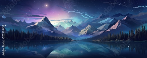Magical nature landscape during summer night high in mountains  panorama. Generative Ai.