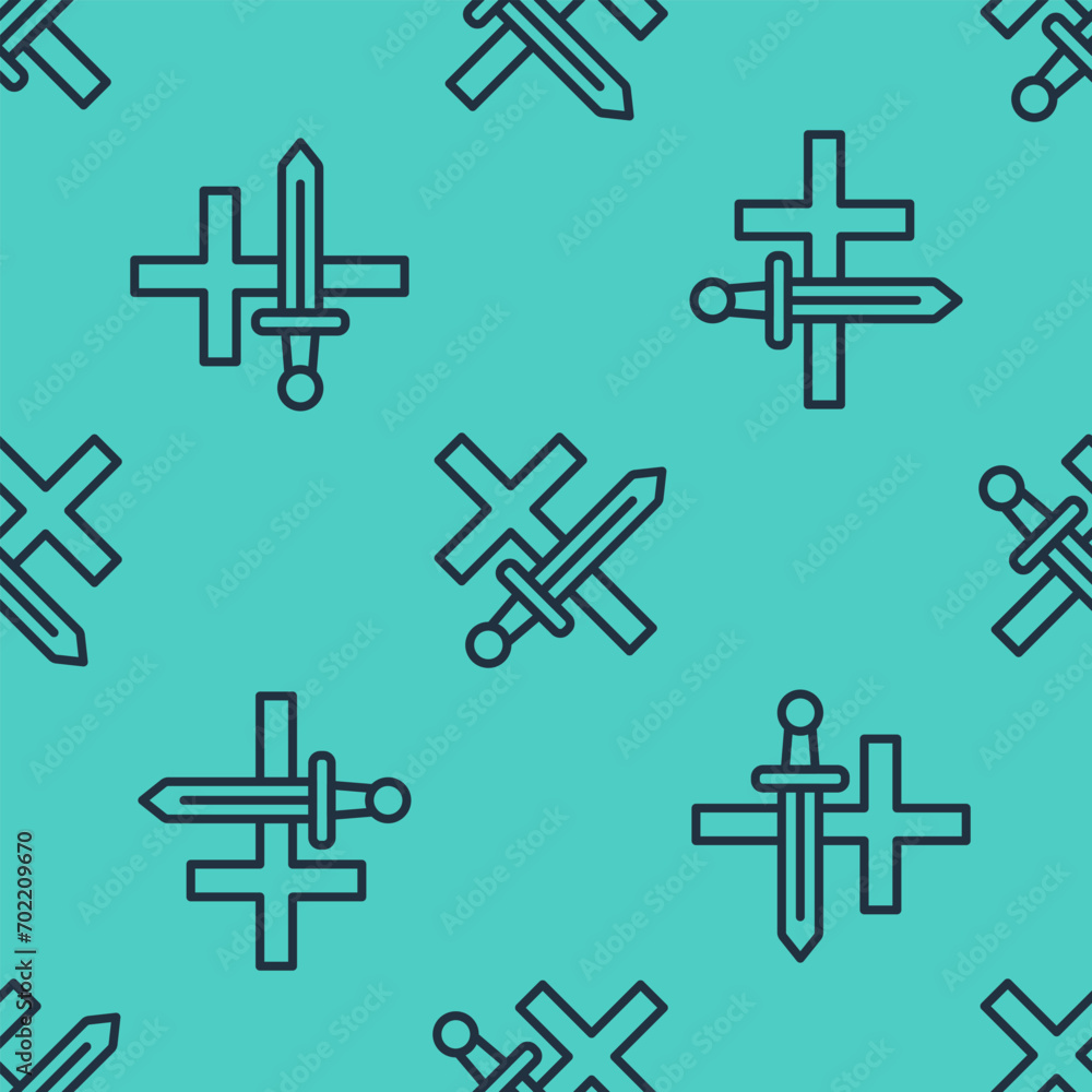 Black line Crusade icon isolated seamless pattern on green background.  Vector