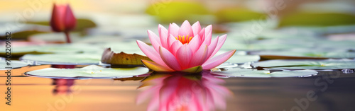 Serene pink water lily reflecting on a calm pond during a warm, glowing sunset ambiance.