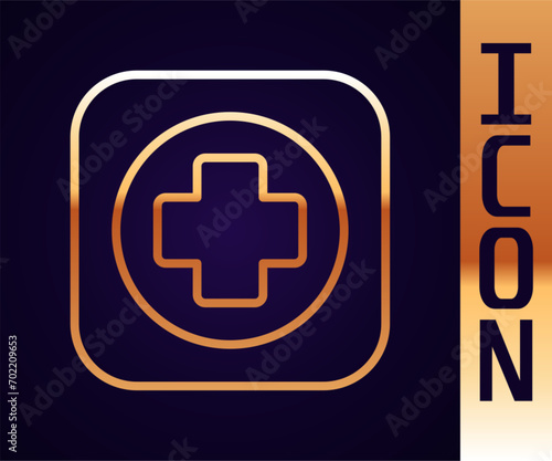 Gold line Hospital signboard icon isolated on black background.  Vector