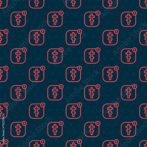 Red line Online church pastor preaching video streaming icon isolated seamless pattern on black background. Online church of Jesus Christ.  Vector