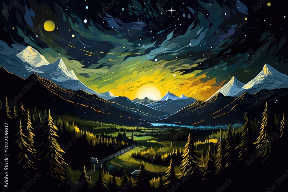 Magical nature wallpaper during summer night high in mountains. Generative Ai.