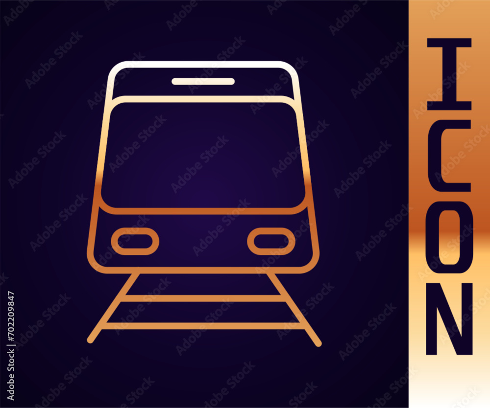 Gold line Train and railway icon isolated on black background. Public transportation symbol. Subway train transport. Metro underground. Vector Gold line Train and railway icon isolated on black background. Public transportation symbol. Subway train transport. Metro underground. Vector