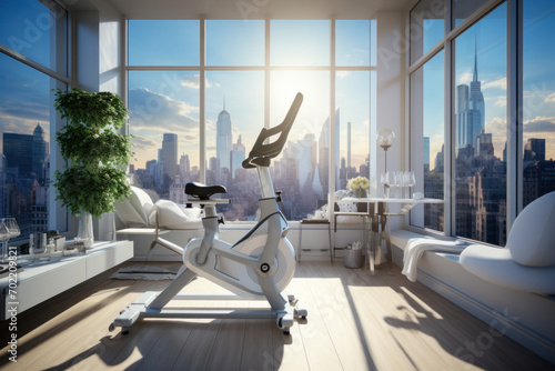 Exercise bike placed in a home gym against the background of a panoramic window. photo