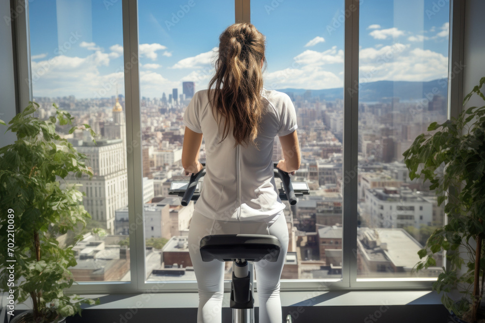 Back view of pretty woman doing sports on exercise bike against the background of a panoramic window Back view of pretty woman doing sports on exercise bike against the background of a panoramic window