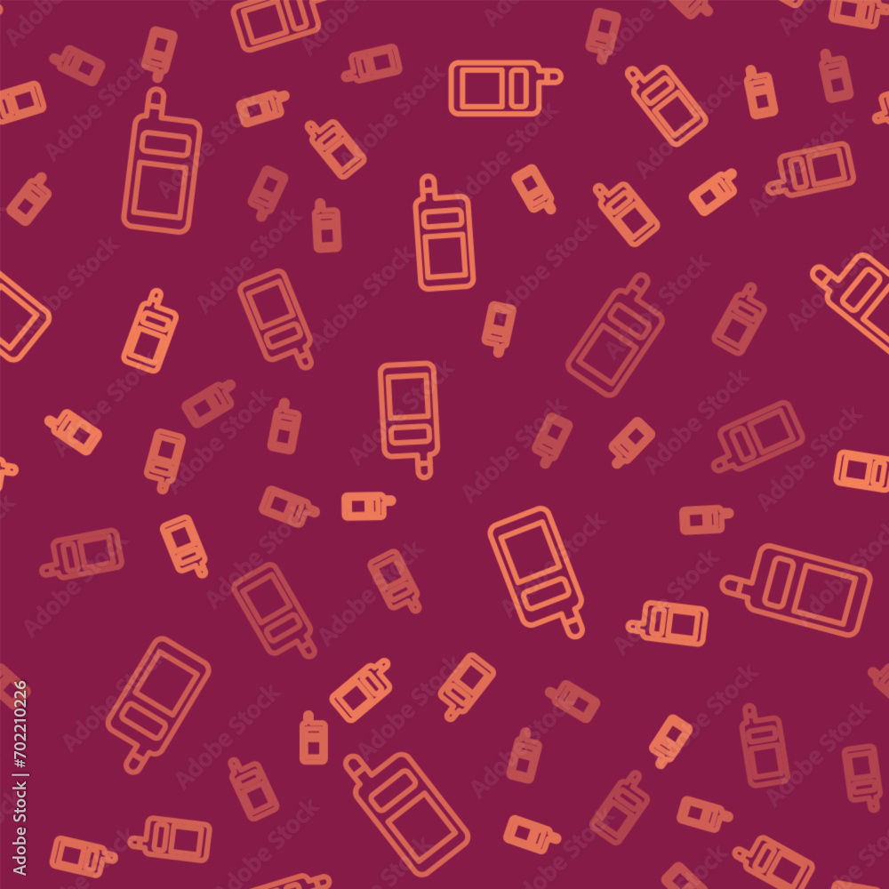 Brown line Smartphone, mobile phone icon isolated seamless pattern on red background.  Vector