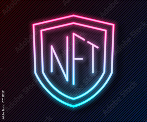 Glowing neon line NFT shield icon isolated on black background. Non fungible token. Digital crypto art concept.  Vector
