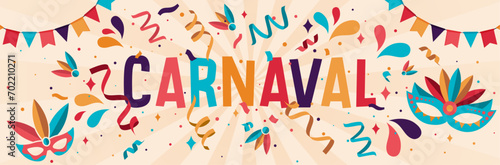 Bannière pour le Carnaval - Texte et Illustrations vectoriels - Design festif et coloré pour célébrer Mardi Gras - Éléments de fête - Cotillons, confettis, masques, plumes et fanions modernes -