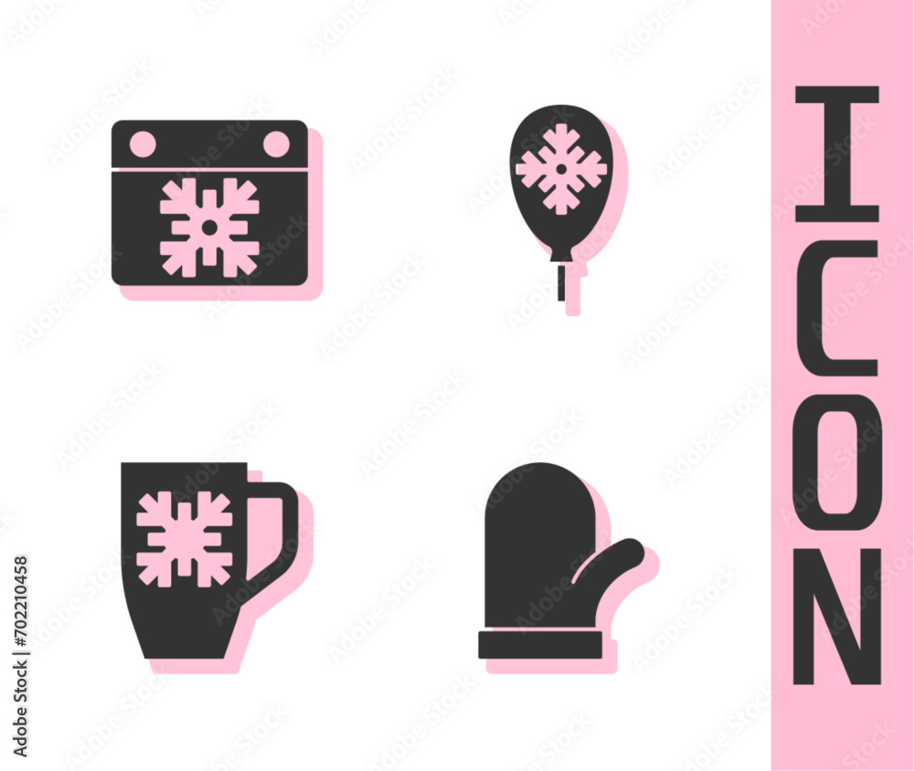 Set Christmas mitten, Calendar, Coffee cup with snowflake and Balloons icon. Vector Set Christmas mitten, Calendar, Coffee cup with snowflake and Balloons icon. Vector