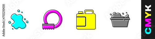 Set Water spill, Washing dishes, Bottle for cleaning agent and Basin with soap suds icon. Vector